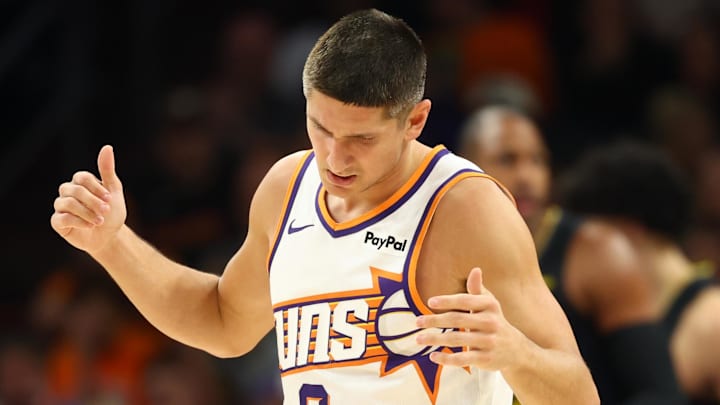 Feb 5, 2026; Phoenix, Arizona, USA; Phoenix Suns guard Grayson Allen (8) reacts against the Golden State Warriors at Mortgage Matchup Center. Mandatory Credit: Mark J. Rebilas-Imagn Images
