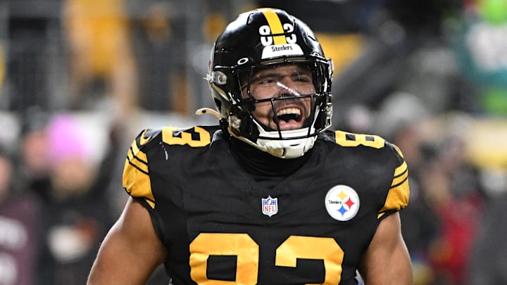 Dec 15, 2025; Pittsburgh, Pennsylvania, USA; Pittsburgh Steelers tight end Connor Heyward (83) celebrates a second quarter touchdown against the Miami Dolphins at Acrisure Stadium. Mandatory Credit: Barry Reeger-Imagn Images
