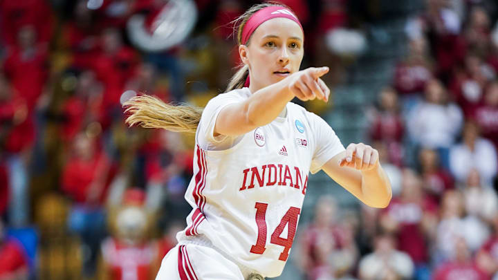Indiana Hoosiers guard Sara Scalia (14) celebrates after making a three-pointer during the NCAA Tournament.