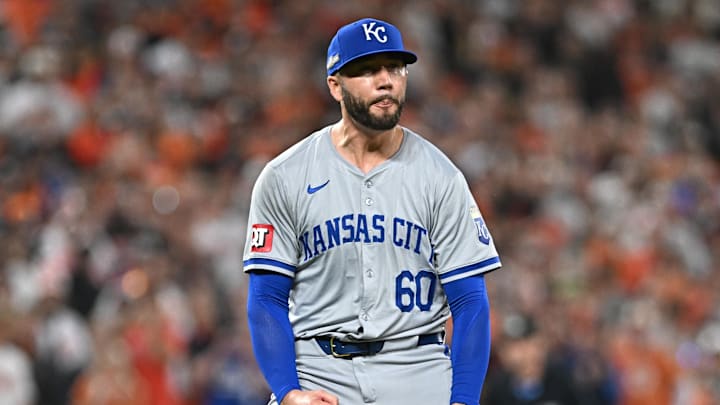 Oct 2, 2024; Baltimore, Maryland, USA; Kansas City Royals pitcher Lucas Erceg (60) celebrates after defeating the Baltimore Orioles in game two of the Wild Card round for the 2024 MLB Playoffs at Oriole Park at Camden Yards. Mandatory Credit: Tommy Gilligan-Imagn Images