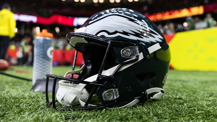 Feb 9, 2025; New Orleans, LA, USA; Detailed view of a Philadelphia Eagles helmet during Super Bowl LIX at Ceasars Superdome. Mandatory Credit: Mark J. Rebilas-Imagn Images Feb 9, 2025; New Orleans, LA, USA; Detailed view of a Philadelphia Eagles helmet during Super Bowl LIX at Ceasars Superdome. Mandatory Credit: Mark J. Rebilas-Imagn Images