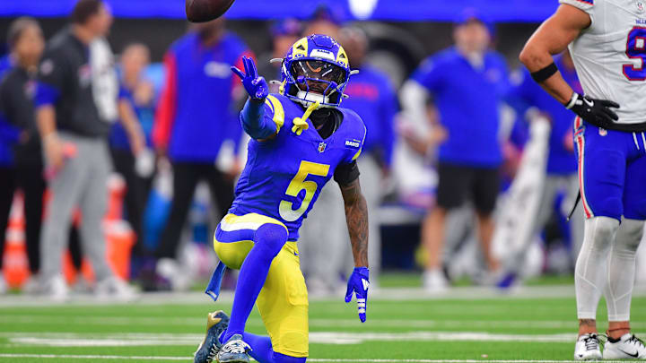 Dec 8, 2024; Inglewood, California, USA; Los Angeles Rams wide receiver Tutu Atwell (5) reacts after catching a pass for first down against the Buffalo Bills during the second half at SoFi Stadium. Mandatory Credit: Gary A. Vasquez-Imagn Images