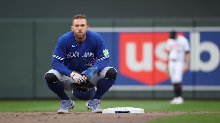 Oct 4, 2023; Minneapolis, Minnesota, USA; Toronto Blue Jays right fielder George Springer (4) looks