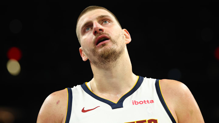 Mar 24, 2026; Phoenix, Arizona, USA; Denver Nuggets center Nikola Jokic (15) against the Phoenix Suns at Mortgage Matchup Center. Mandatory Credit: Mark J. Rebilas-Imagn Images