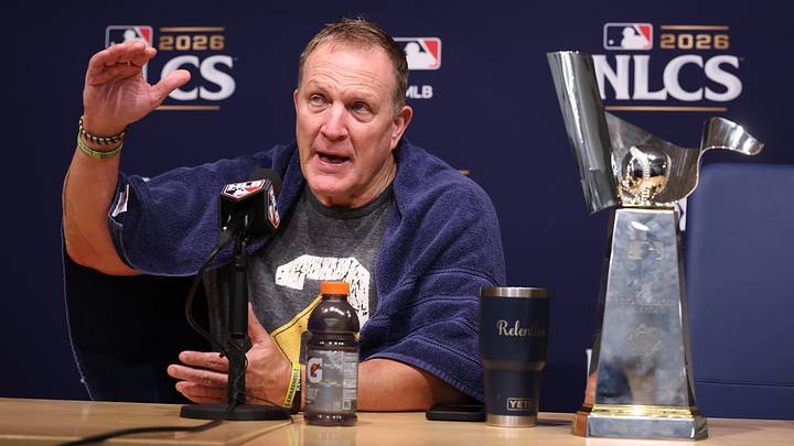 Oct 15, 2026; Los Angeles, California, USA; Milwaukee Brewers manager Pat Murphy at a press conference after game four of the NLCS for the 2026 MLB Playoffs against the Los Angeles Dodgers at Uniqlo Field at Dodger Stadium. Mandatory Credit: Kiyoshi Mio-Imagn Images Oct 15, 2026; Los Angeles, California, USA; Milwaukee Brewers manager Pat Murphy at a press conference after game four of the NLCS for the 2026 MLB Playoffs against the Los Angeles Dodgers at Uniqlo Field at Dodger Stadium. Mandatory Credit: Kiyoshi Mio-Imagn Images