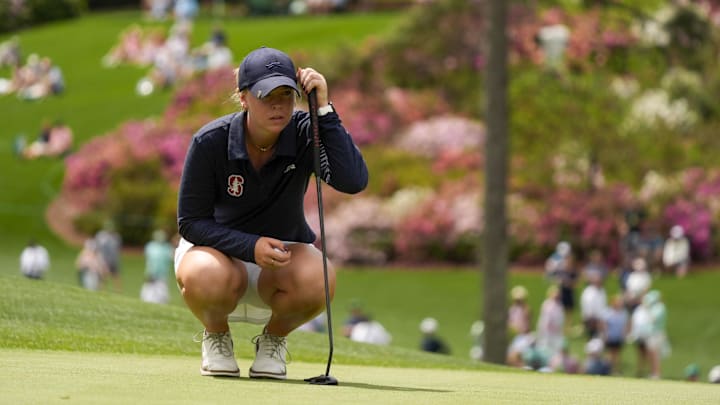 Apr 4, 2026; Augusta, Georgia, USA; Meja Ortengren lines up her putt on the sixth green during the final round of the Augusta National Women's Amateur golf tournament at Augusta National Golf Club. Mandatory Credit: Katie Goodale-Imagn Images