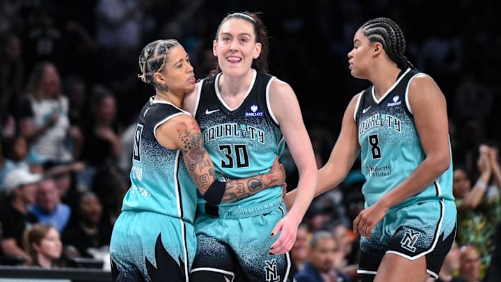 Jun 19, 2025; Brooklyn, New York, USA; New York Liberty forward Breanna Stewart (30) is greeted by guard Natasha Cloud (9) and center Nyara Sabally (8) after scoring s basket against the Phoenix Mercury during the second half at Barclays Center. Mandatory Credit: John Jones-Imagn Images Jun 19, 2025; Brooklyn, New York, USA; New York Liberty forward Breanna Stewart (30) is greeted by guard Natasha Cloud (9) and center Nyara Sabally (8) after scoring s basket against the Phoenix Mercury during the second half at Barclays Center. Mandatory Credit: John Jones-Imagn Images