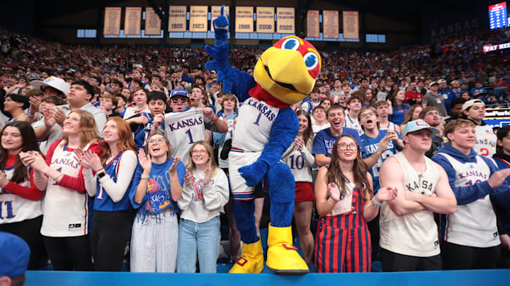 Kansas Jayhawks mascot Big Jay gets the crowd hyped during the game against BYU Cougars inside Allen Fieldhouse on Jan. 31, 2026.