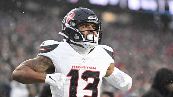 Jan 18, 2026; Foxborough, MA, USA; Houston Texans wide receiver Christian Kirk (13) celebrates a touchdown in the second quarter against the New England Patriots in an AFC Divisional Round game at Gillette Stadium. Mandatory Credit: Brian Fluharty-Imagn Images