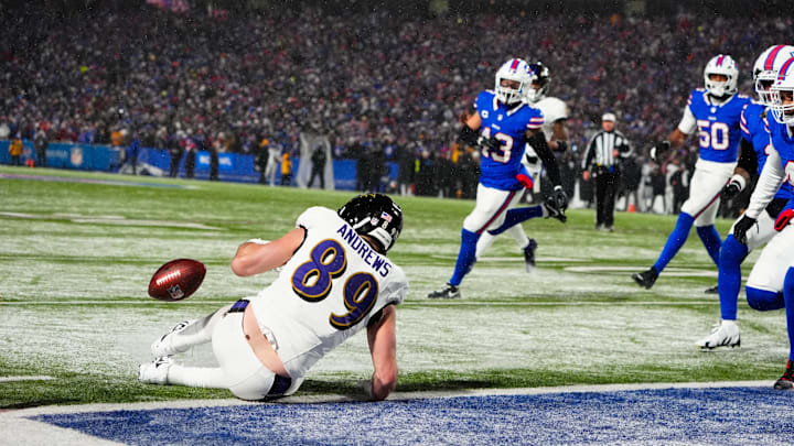 Jan 19, 2025; Orchard Park, New York, USA; Baltimore Ravens tight end Mark Andrews (89) drops a pass on a two-point conversion late in the fourth quarter against the Buffalo Bills in a 2025 AFC divisional round game at Highmark Stadium. Mandatory Credit: Gregory Fisher-Imagn Images
