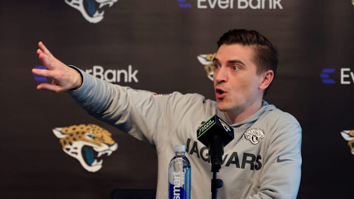 Jacksonville Jaguars general manager James Gladstone speaks during a press conference at Miller Electric Center Tuesday, April 15, 2025 in Jacksonville, Fla. [Corey Perrine/Florida Times-Union]
