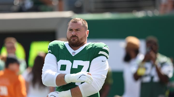 Sep 14, 2025; East Rutherford, New Jersey, USA; New York Jets defensive tackle Harrison Phillips (97) before the game against the Buffalo Bills at MetLife Stadium. Mandatory Credit: Vincent Carchietta-Imagn Images