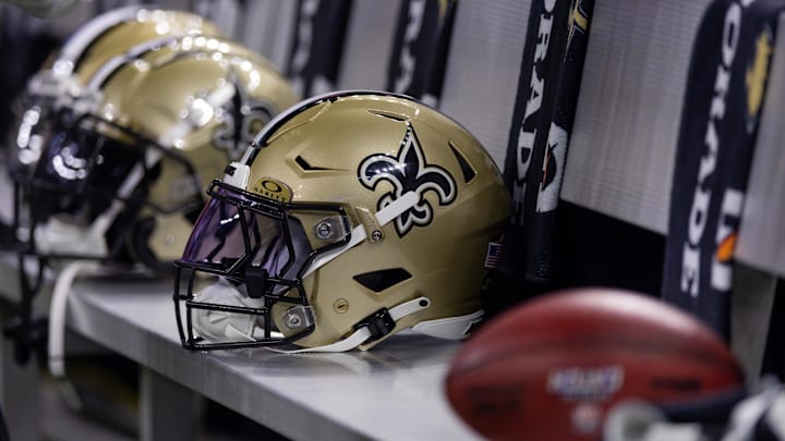 Nov 5, 2023; New Orleans, Louisiana, USA;  Detailed view of the New Orleans Saints helmets on the team bench against the Chicago Bears during the first half at the Caesars Superdome. Mandatory Credit: Stephen Lew-Imagn Images
