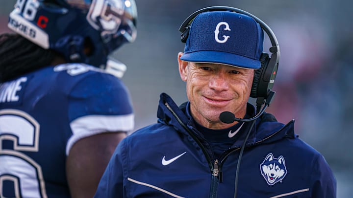 Nov 18, 2023; East Hartford, Connecticut, USA; UConn Huskies head coach Jim Mora watches from the sideline as they take on the Sacred Heart Pioneers at Rentschler Field at Pratt & Whitney Stadium. Mandatory Credit: David Butler II-Imagn Images Nov 18, 2023; East Hartford, Connecticut, USA; UConn Huskies head coach Jim Mora watches from the sideline as they take on the Sacred Heart Pioneers at Rentschler Field at Pratt & Whitney Stadium. Mandatory Credit: David Butler II-Imagn Images
