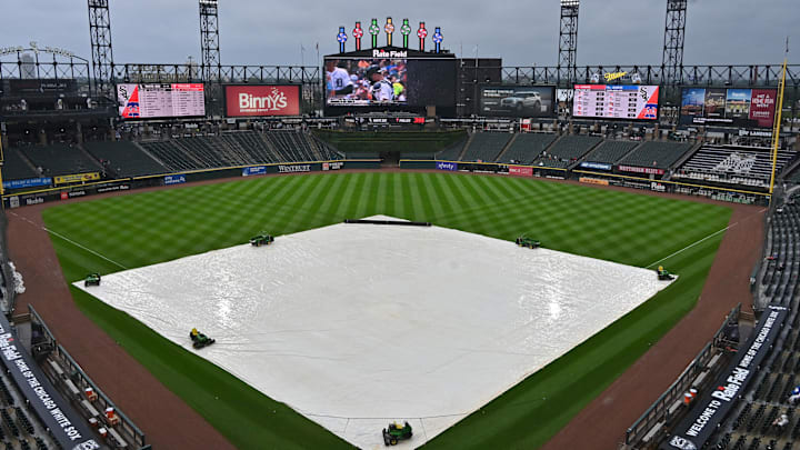 Jul 30, 2025; Chicago, Illinois, USA; A general view of the tarp during a rain delay before a game against the Philadelphia Phillies and the Chicago White Sox at Rate Field. Mandatory Credit: Patrick Gorski-Imagn Images
