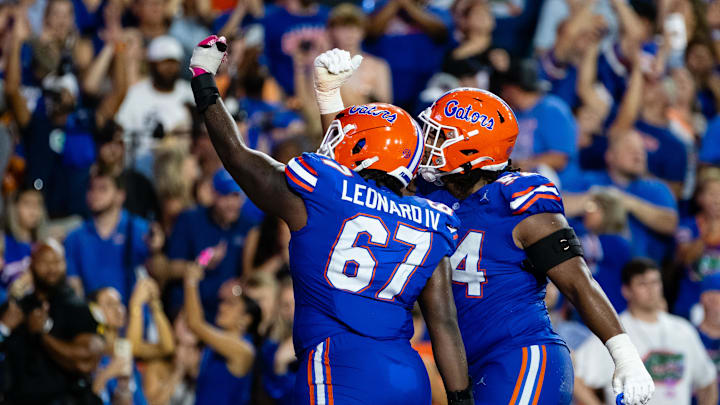 Sep 16, 2023; Gainesville, Florida, USA; Florida Gators offensive lineman Richie Leonard IV (67) and