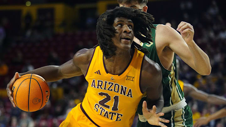 ASU center Jayden Quaintance (21) drives to the basket against Cal Poly during a game at Desert Financial Arena in Tempe on Nov. 20, 2024.