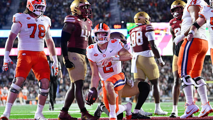 Oct 11, 2025; Chestnut Hill, Massachusetts, USA; Clemson Tigers quarterback Cade Klubnik (2) scores a touchdown against the Boston College Eagles during the first half at Alumni Stadium. Mandatory Credit: Eric Canha-Imagn Images