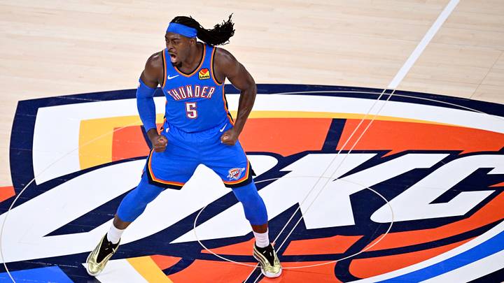 May 30, 2026; Oklahoma City, Oklahoma, USA; Oklahoma City Thunder guard Luguentz Dort (5) reacts in the second quarter against the San Antonio Spurs during game seven of the western conference finals for the 2026 NBA playoffs at Paycom Center. May 30, 2026; Oklahoma City, Oklahoma, USA; Oklahoma City Thunder guard Luguentz Dort (5) reacts in the second quarter against the San Antonio Spurs during game seven of the western conference finals for the 2026 NBA playoffs at Paycom Center.