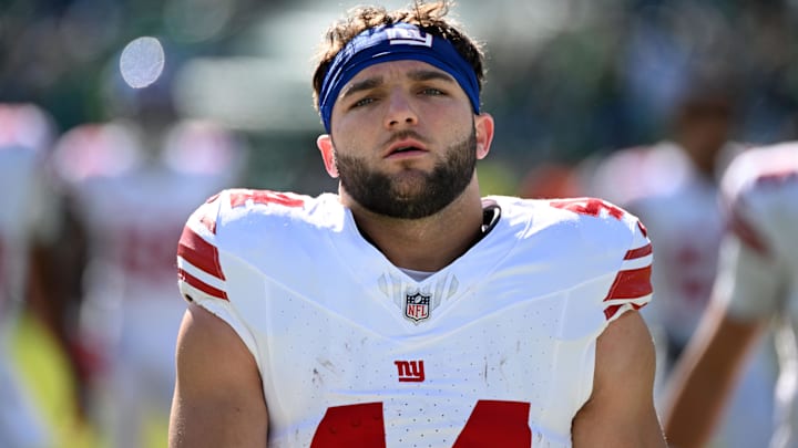Oct 26, 2025; Philadelphia, Pennsylvania, USA; New York Giants running back Cam Skattebo (44) looks on before the game against the Philadelphia Eagles at Lincoln Financial Field. Mandatory Credit: Eric Hartline-Imagn Images