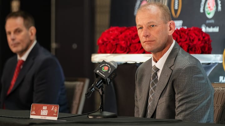 Alabama Crimson Tide head coach Kalen Deboer answers questions Wednesday, Dec. 31, 2025, during a coaches press conference ahead of the Rose Bowl at the Sheraton Grand Los Angeles. Alabama Crimson Tide head coach Kalen Deboer answers questions Wednesday, Dec. 31, 2025, during a coaches press conference ahead of the Rose Bowl at the Sheraton Grand Los Angeles.