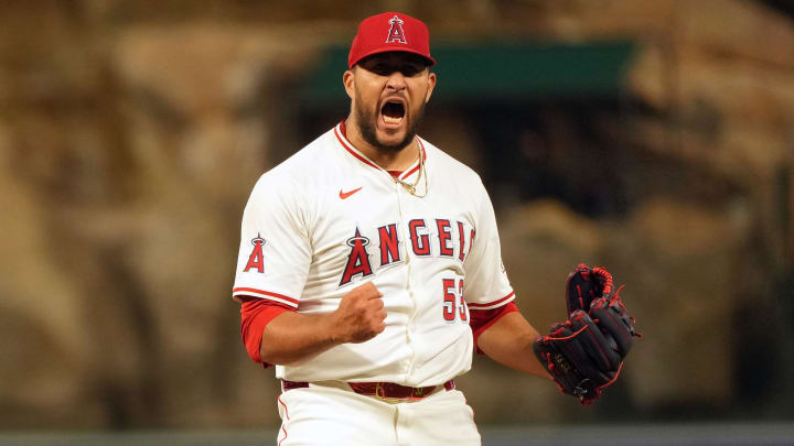 Jun 17, 2024; Anaheim, California, USA; Los Angeles Angels relief pitcher Carlos Estevez (53) celebrates at the end of the game against the Milwaukee Brewers at Angel Stadium Jun 17, 2024; Anaheim, California, USA; Los Angeles Angels relief pitcher Carlos Estevez (53) celebrates at the end of the game against the Milwaukee Brewers at Angel Stadium