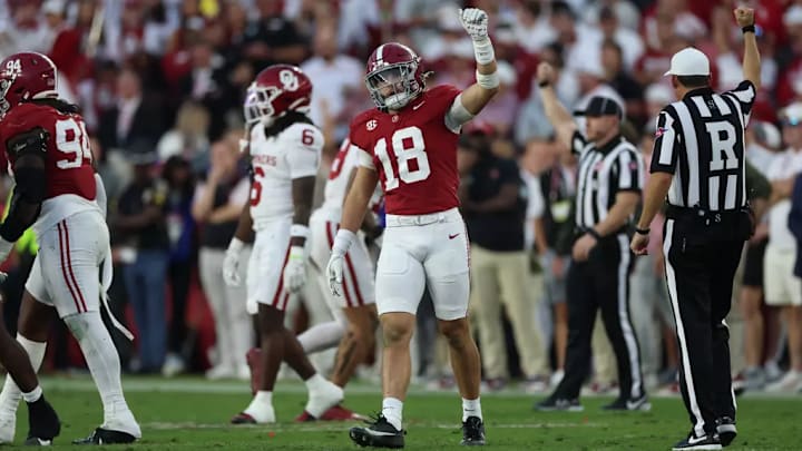 Alabama Defensive Back Bray Hubbard (18) celebrates at Bryant-Denny Stadium in Tuscaloosa, AL on Saturday, Nov 15, 2025.