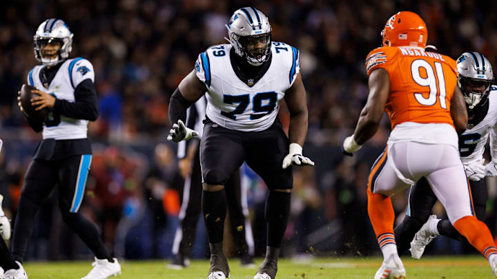 CHICAGO, ILLINOIS - NOVEMBER 09: Ikem Ekwonu #79 of the Carolina Panthers blocks during an NFL football game against the Chicago Bears at Soldier Field on November 9, 2023 in Chicago, Illinois.