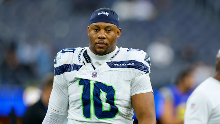 INGLEWOOD, CA - JANUARY 05: Seattle Seahawks linebacker Uchenna Nwosu (10) walks off of the field after an NFL game between the Seattle Seahawks and Los Angeles Rams on January 05, 2025, at SoFi Stadium in Inglewood, CA. 