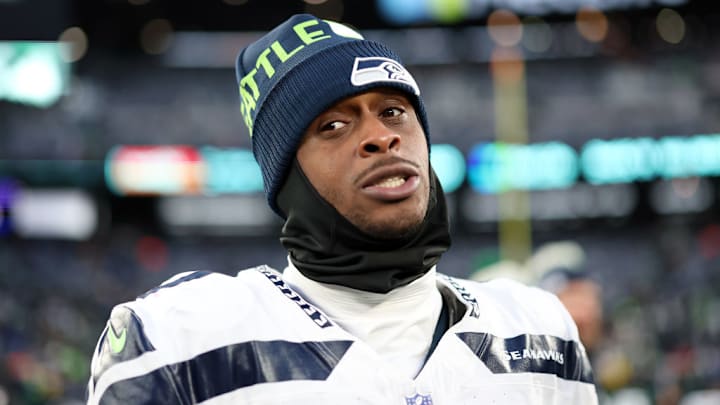 EAST RUTHERFORD, NEW JERSEY - DECEMBER 01: Geno Smith #7 of the Seattle Seahawks reacts after the Seahawks defeated the New York Jets, 26-21, at MetLife Stadium on December 01, 2024 in East Rutherford, New Jersey. EAST RUTHERFORD, NEW JERSEY - DECEMBER 01: Geno Smith #7 of the Seattle Seahawks reacts after the Seahawks defeated the New York Jets, 26-21, at MetLife Stadium on December 01, 2024 in East Rutherford, New Jersey.