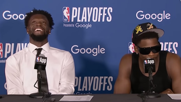 Julius Randle reacts to Anthony Edwards during the postgame press conference following Minnesota's Game 2 win in Denver. 