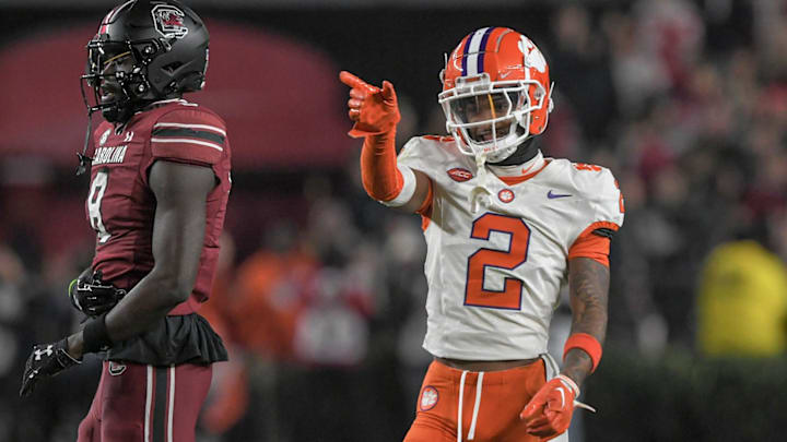 Nov 25, 2023; Columbia, South Carolina, USA; Clemson Tigers cornerback Nate Wiggins (2) smiles after breaking up a pass to South Carolina wide receiver Nyck Harbor (8) during the fourth quarter at Williams-Brice Stadium.  Clemson won 16-7. Mandatory Credit: Ken Ruinard-USA TODAY Sports