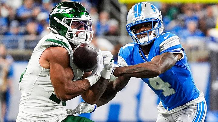Detroit Lions cornerback D.J. Reed (4) breaks a pass intended for New York Jets tight end Kenyon Sadiq (16) during the first half at Ford Field in Detroit on Sunday, Sept. 27, 2026. Detroit Lions cornerback D.J. Reed (4) breaks a pass intended for New York Jets tight end Kenyon Sadiq (16) during the first half at Ford Field in Detroit on Sunday, Sept. 27, 2026.