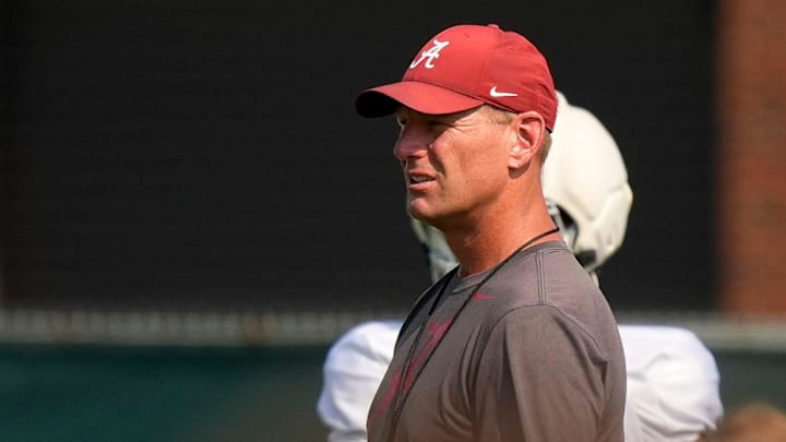 Aug. 19, 2025, Tuscaloosa, AL; Head Coach Kalen DeBoer watches his team go through practice for the Alabama Crimson Tide.