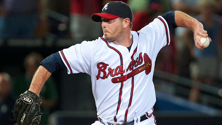 Former Atlanta Braves pitcher Billy Wagner pitches against the San Diego Padres in the ninth inning at Turner Field. The Braves defeated the Padres 4-1.