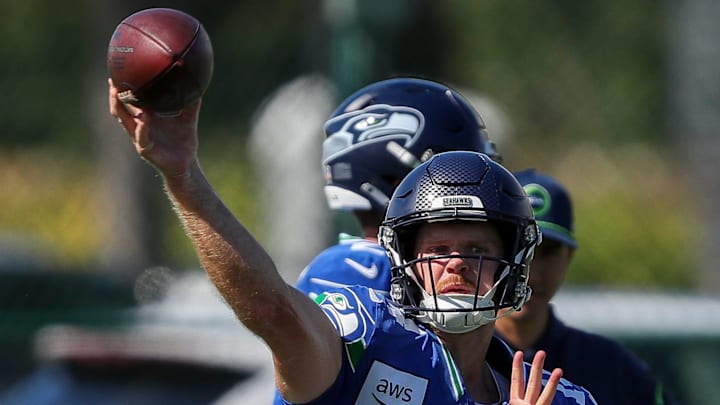 Seattle Seahawks quarterback Sam Darnold (14) passes the ball during a joint practice with the Green Bay Packers on Thursday, August 21, 2025, at Clarke Hinkle Field in Ashwaubenon, Wis.
Tork Mason/USA TODAY NETWORK-Wisconsin