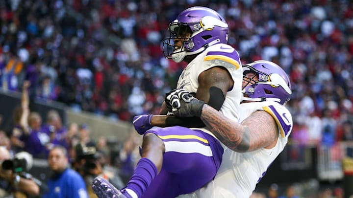 Nov 5, 2023; Atlanta, Georgia, USA; Minnesota Vikings wide receiver Brandon Powell (4) celebrates