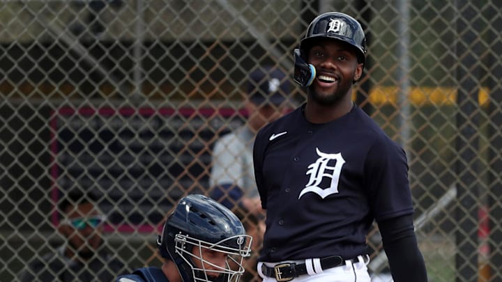 March 14, 2022; Lakeland, FL, USA; Tigers outfielder Akil Baddoo takes live batting practice during