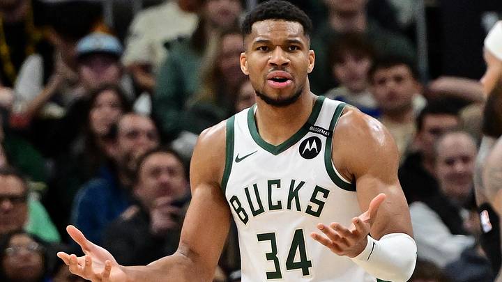 Milwaukee Bucks forward Giannis Antetokounmpo (34) reacts  (Mandatory Credit: Benny Sieu-Imagn Images)