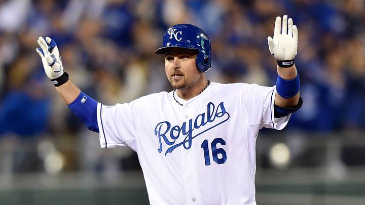 Oct 28, 2014; Kansas City, MO, USA; Kansas City Royals designated hitter Billy Butler reacts after hitting an RBI double against the San Francisco Giants in the second inning during game six of the 2014 World Series at Kauffman Stadium. Mandatory Credit: Peter G. Aiken-USA TODAY Sports Oct 28, 2014; Kansas City, MO, USA; Kansas City Royals designated hitter Billy Butler reacts after hitting an RBI double against the San Francisco Giants in the second inning during game six of the 2014 World Series at Kauffman Stadium. Mandatory Credit: Peter G. Aiken-USA TODAY Sports