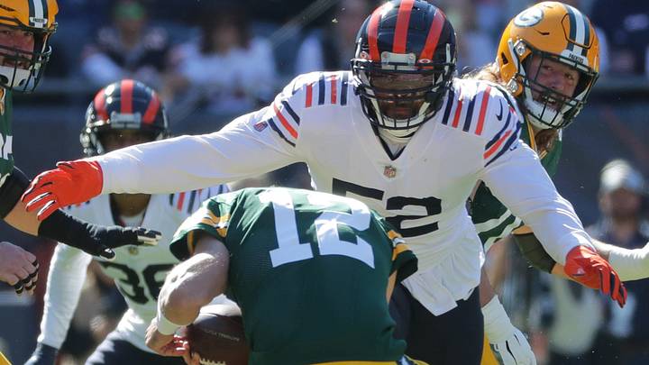 Former Bears edge rusher Khalil Mack sacks former Green Bay Packers quarterback Aaron Rodgers in 2021.