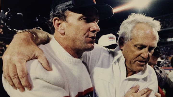 Bengals head coach Sam Wyche, left, and San Francisco head coach Bill Walsh said \"I love you\" to each other after the 49ers beat Cincinnati in the final seconds of Super Bowl XXIII in Miami, January 22, 1989.
The Enquirer/Michael E. Keating

Cinbrd 04 15 2012 Enquirer 1 F00420120413img Pass 10 Jpg 1 1 Cp19hs8pimg Pass 10 Jpg 1 1 Cp19hs8p