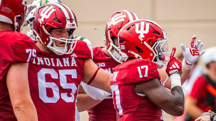 Indiana running back Ty Son Lawton (17) celebrates a touchdown against Charlotte at Memorial Stadium. Indiana running back Ty Son Lawton (17) celebrates a touchdown against Charlotte at Memorial Stadium.