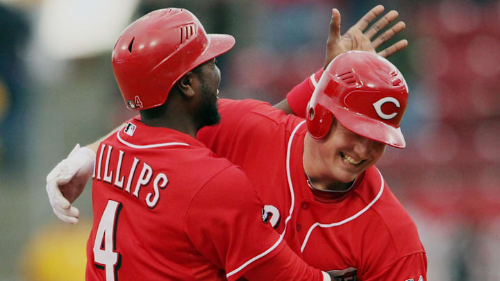 Cincinnati Reds Jay Bruce and Brandon Phillips celebrate after Bruce hit a game-winning double in the ninth inning on May 4, 2011 to give the Reds a 3-2 come-from-behind win at Great American Ball Park over the Houston Astros.

Reds Vs Astro S