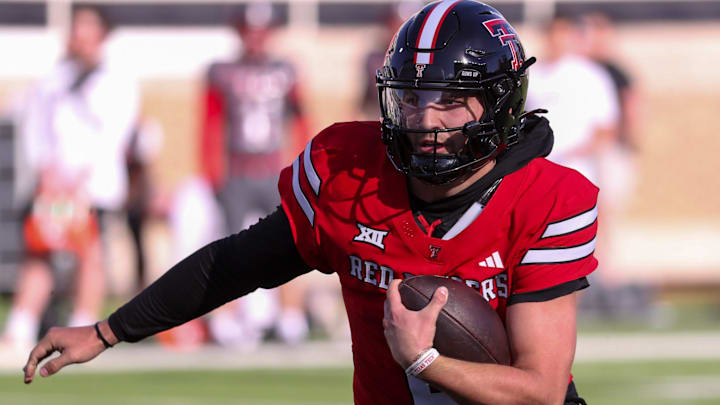 Brendan Sorsby runs with the ball during the Texas Tech football team's spring game, Friday, April 17, 2026, at Jones AT&T Stadium.