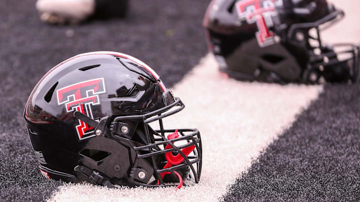 A Texas Tech helmet is seen before the the Texas Tech football team's spring game, Saturday, April 19, 2025, at Jones AT&T Stadium.