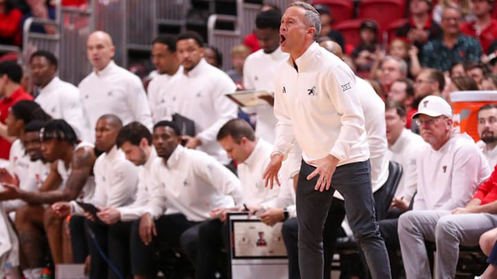 Texas Tech head coach Grant McCasland calls out to his team during a non-conference men's basketball game, Sunday, Dec. 28, 2025, at United Supermarkets Arena.