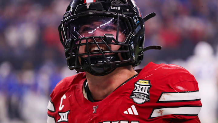 Texas Tech LB Jacob Rodriguez celebrates a BYU turnover during the Big 12 Conference championship football game.