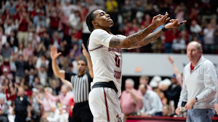 Alabama guard Labaron Philon Jr celebrates in the first half of the game against Auburn on Mar. 7, 2026. 