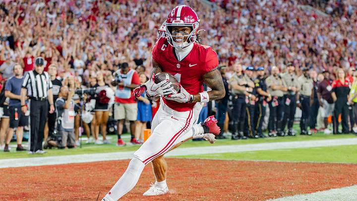 Alabama wide receiver Ryan Coleman-Williams in the end zone for a touchdown in the first half of the game against South Carolina on Sept 26, 2026.